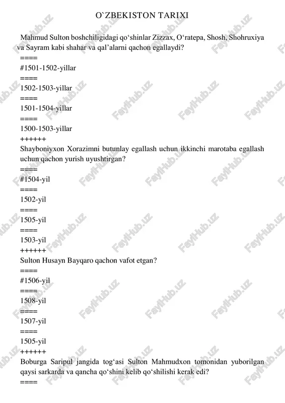 o`zbekiston tarixi fanidan test — PDF