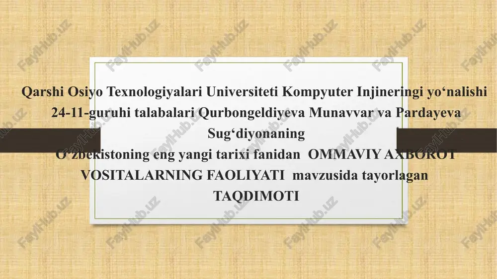 o‘zbekiston respublikasida ommaviy axborot vositalarining faoliyati — PPTX