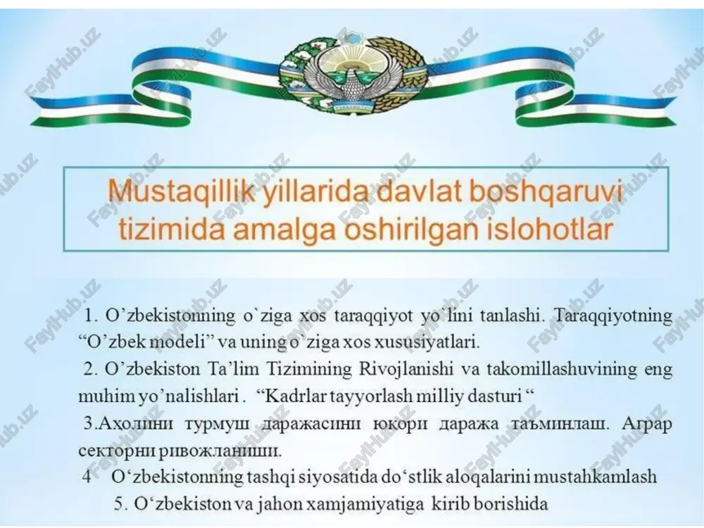 o‘zbekistonning o°ziga xos taraqqiyot yo lini tanlashi — PPTX