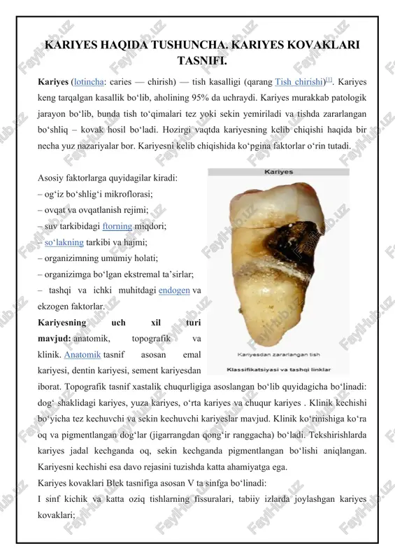 kariyes haqida tushuncha. kariyes kovaklari tasnifi — DOCX
