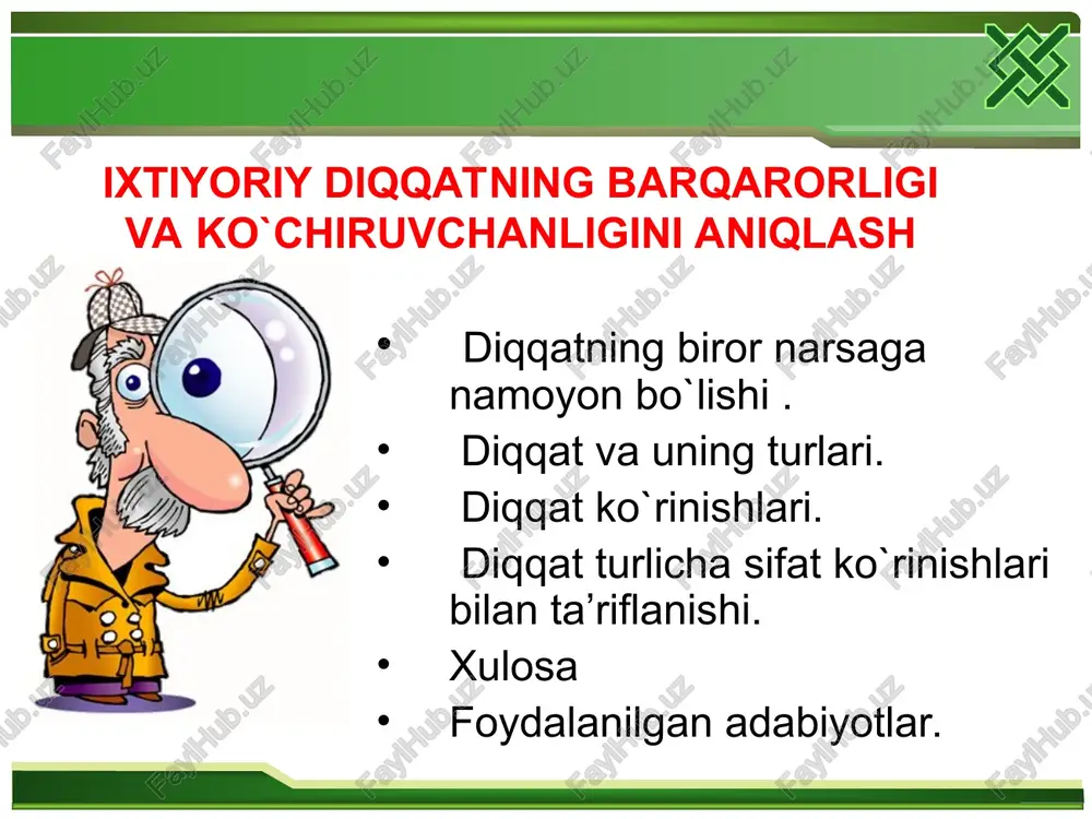diqqatning barqarorligi va ko`chiruvchanligini aniqlash — PPT