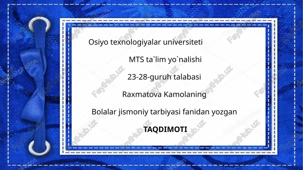 maktabgacha yoshdagi bolalarni asosiy harakatlarga o'rgatish metodi — PPTX