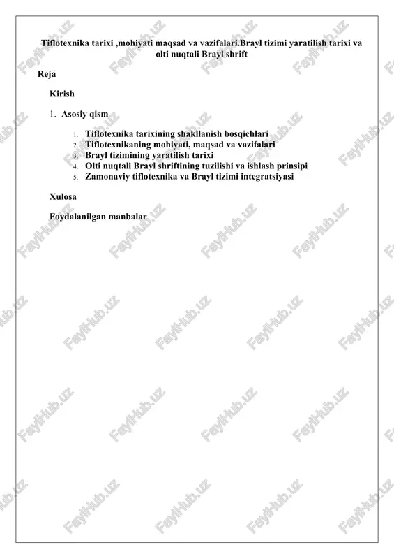 tiflotexnika tarixi, mohiyati, maqsad va vazifalari — DOCX