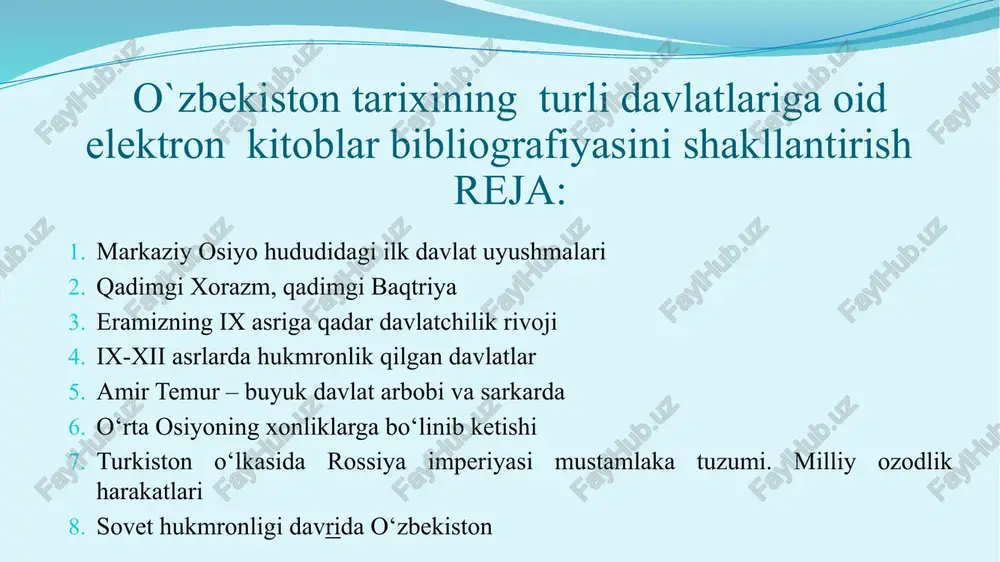 o`zbekistontarixining turlidavlatlariga oid elektron kitoblar bibliografiyasi — PPTX
