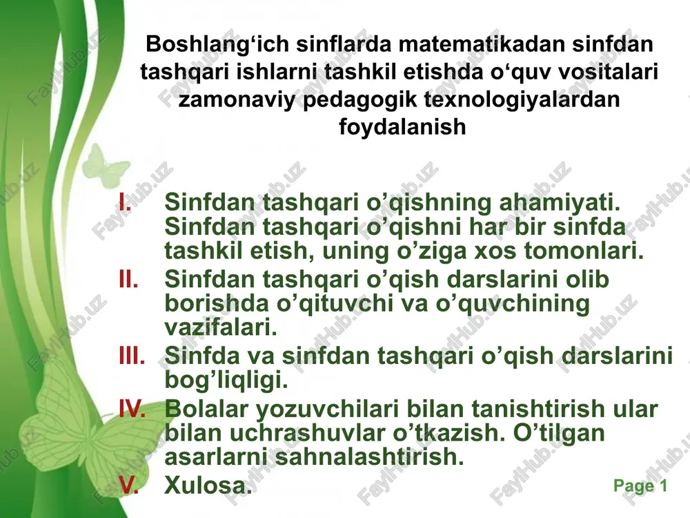 sinfdan tashqari o'qish — PPTX