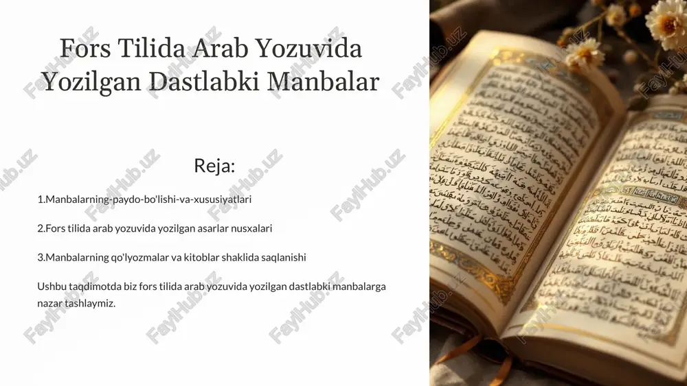 fors tilida arab yozuvida yozilgan dastlabki manbalar — PPTX