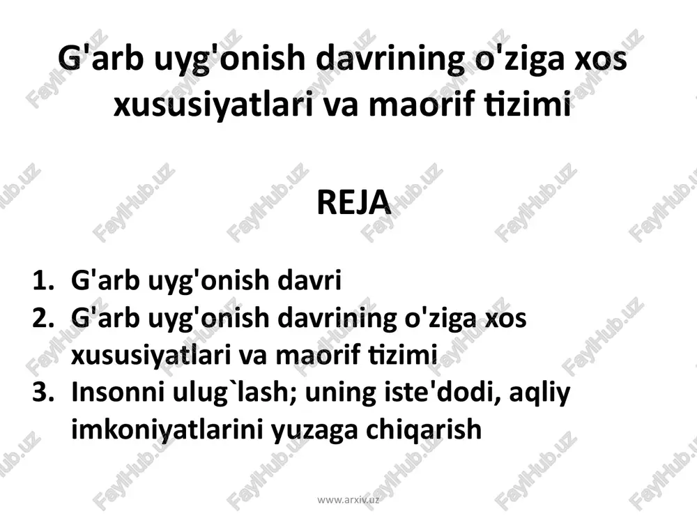 g'arbuyg'onishdavriningo'zigaxosxususiyatlarivamaoriftizimi — PPTX