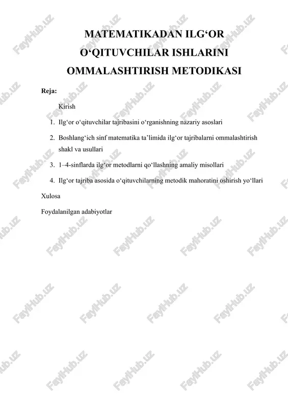 matematikadan ilg‘or o‘qituvchilar ishlarini ommalashtirish metodikasi — DOCX