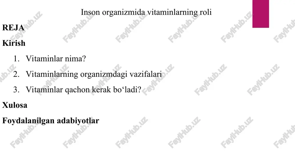 inson organizmida vitaminlarning roli — PPT