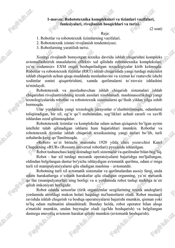 robototexnika komplekslari va tizimlari — DOCX