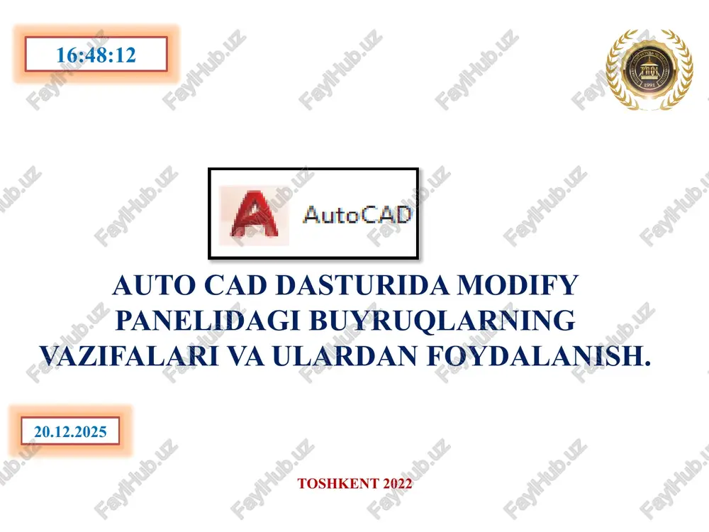 auto cad dasturida modify panelidagi buyruqlarning vazifalari va ulardan foydalanish — PPTX
