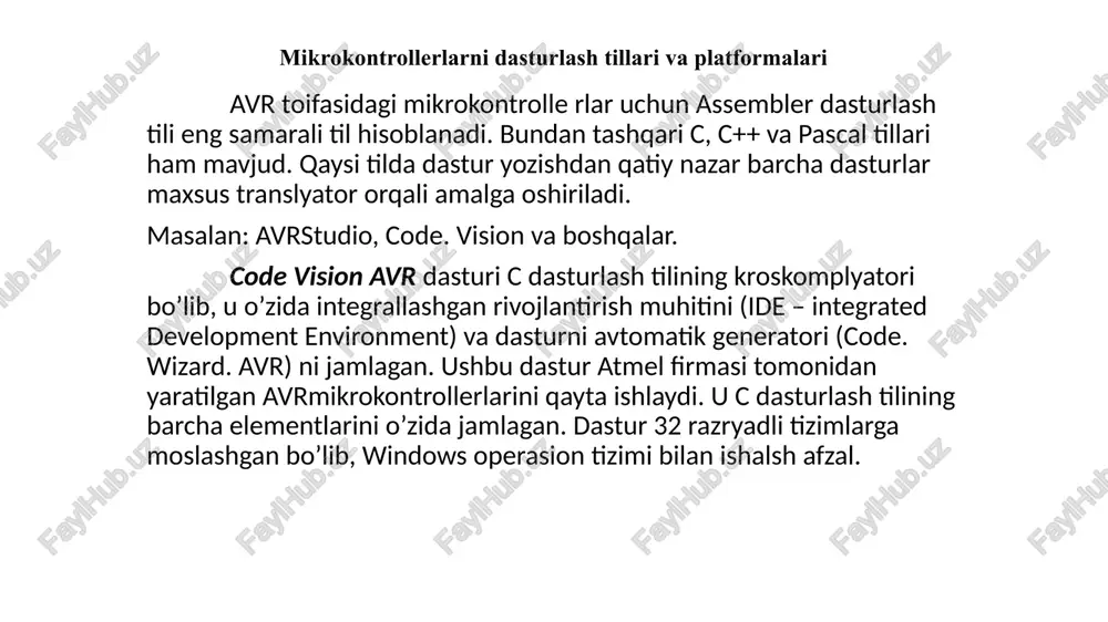 avrtoifasidagi mikrokontrollerlar uchun assembler dasturlashtili — PPTX
