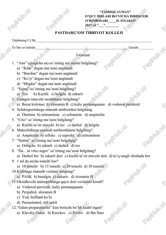 farmakologiya fanidan yakuniy testlar — DOCX