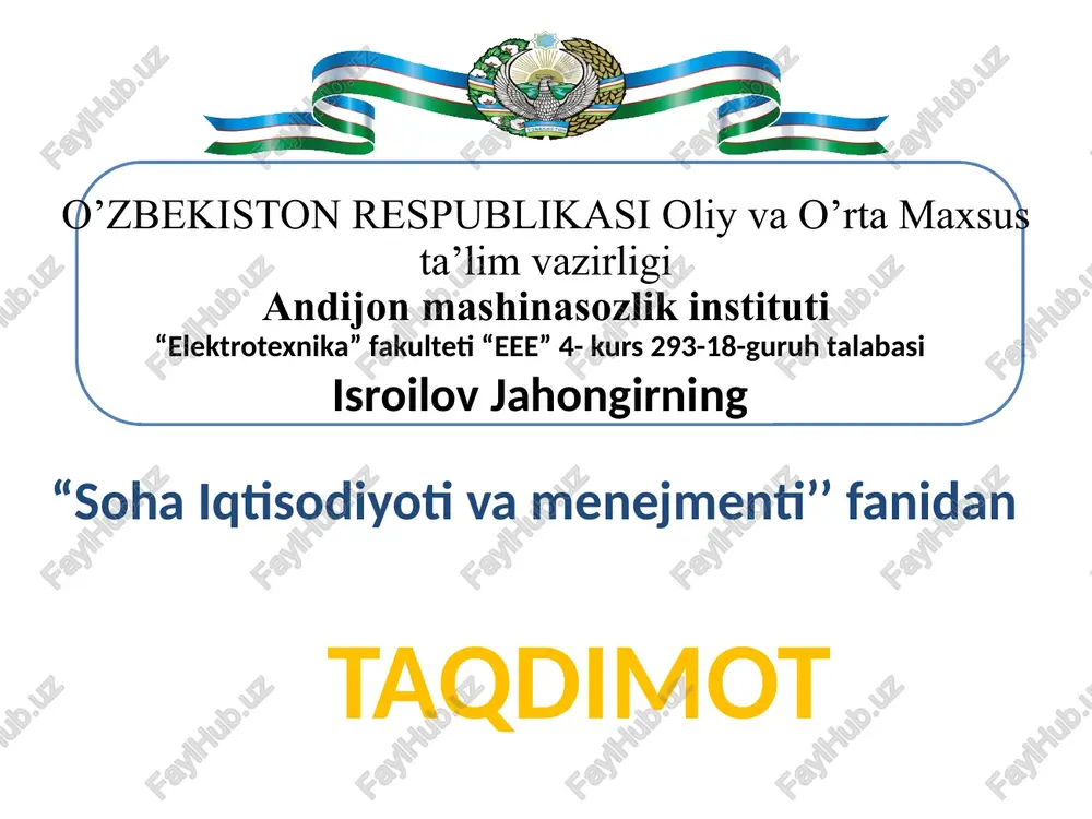 ishlabchiqarish jarayonlarini ta'minlash vatartibgasolish — PPTX