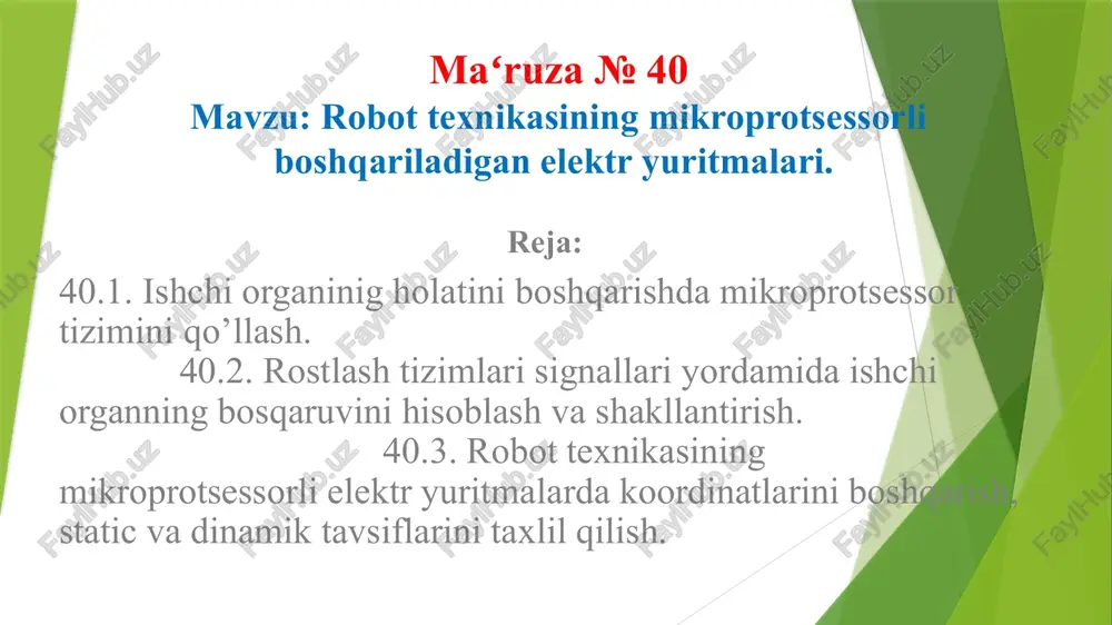 robottexnikasining mikroprotsessorli boshqariladigan elektyuritmalari — PPTX