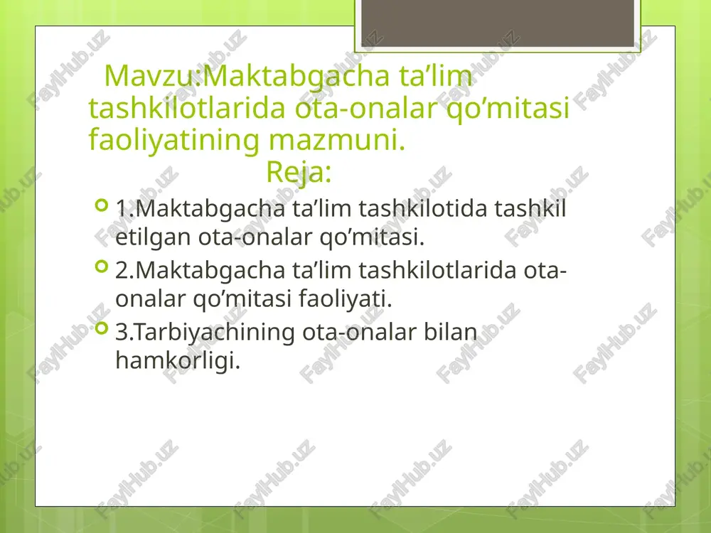 maktabgacha ta’lim tashkilotlarida ota-onalar qo’mitasi faoliyati — PPTX