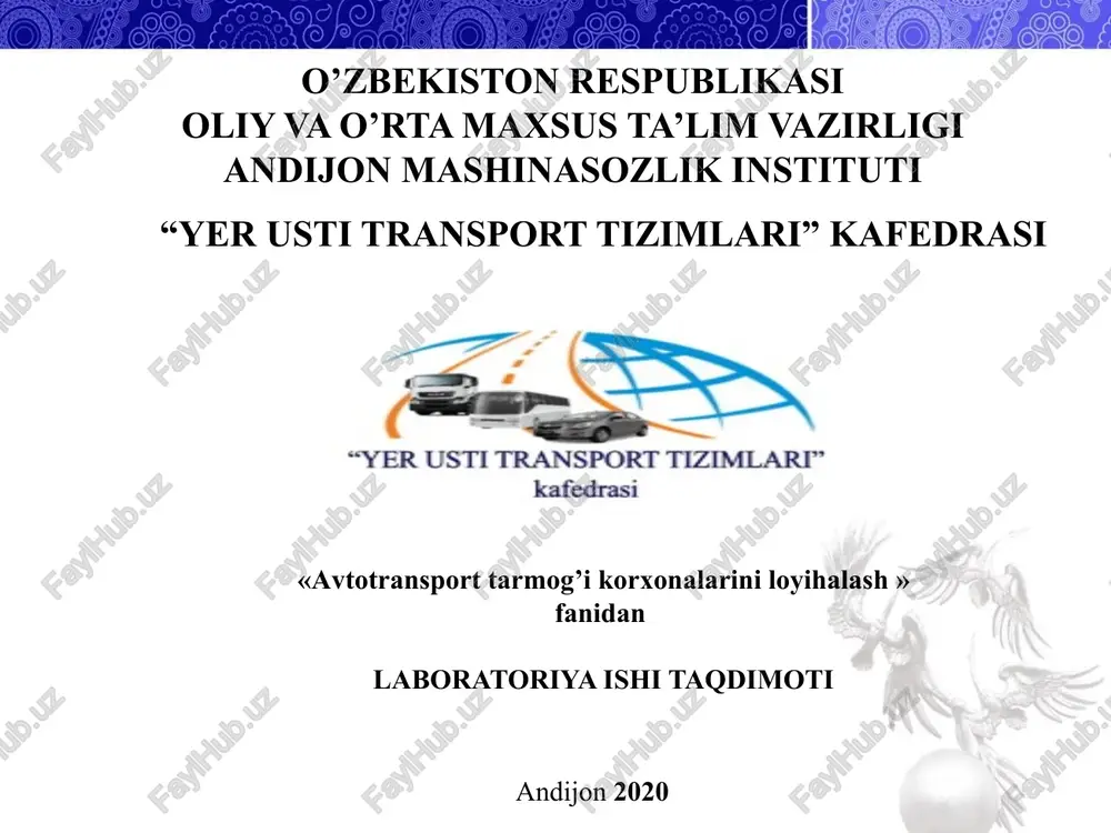 avtomobillarga servis xizmat kursatish markazining texnologik xisobini kompyuterda bajarish va uning ishlab chiqarish texnik bazasini rejalashtirish — PPTX