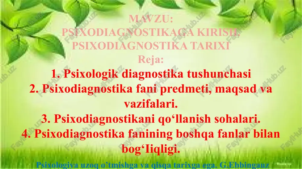 psixodiagnostikaga kirish. psixodiagnostika tarixi — PPTX
