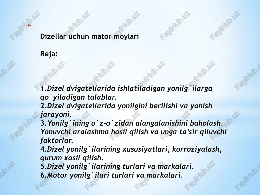 dizeldvigatellarida ishlatiladiganyonilg`ilar — PPTX