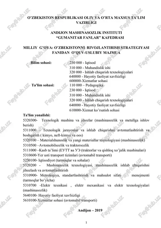 o’zbekistonni rivojlantirish strategiyasi fanidan o’quv-uslubiy majmua — DOC
