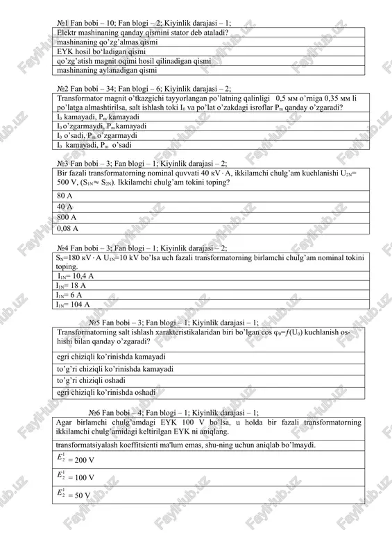 bir fazali transformatorning nominal quvvati — DOC