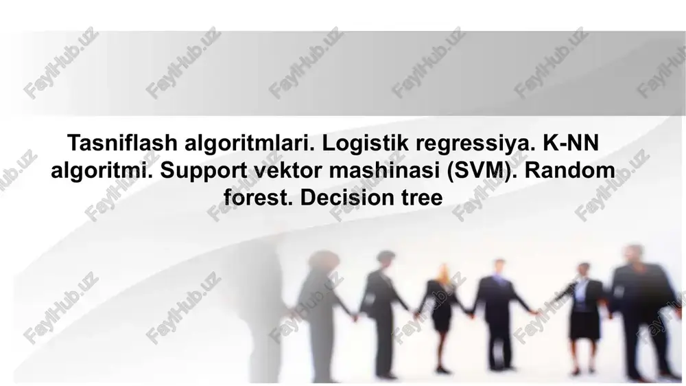 mashinali o‘qitish algoritmlari. tasniflash algoritmlari. logistik regressiya. k-nn algoritmi. support vektor mashinasi (svm). random forest. decision tree — PPTX