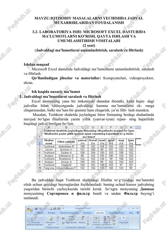 microsoft excel dasturida ma’lumotlarni ko’rish, qayta ishlash va umumlashtirish vositalari — DOCX