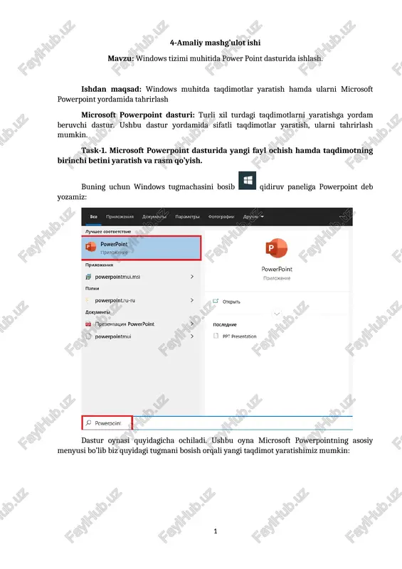 windows tizimi muhitida power point dasturida ishlash — DOCX