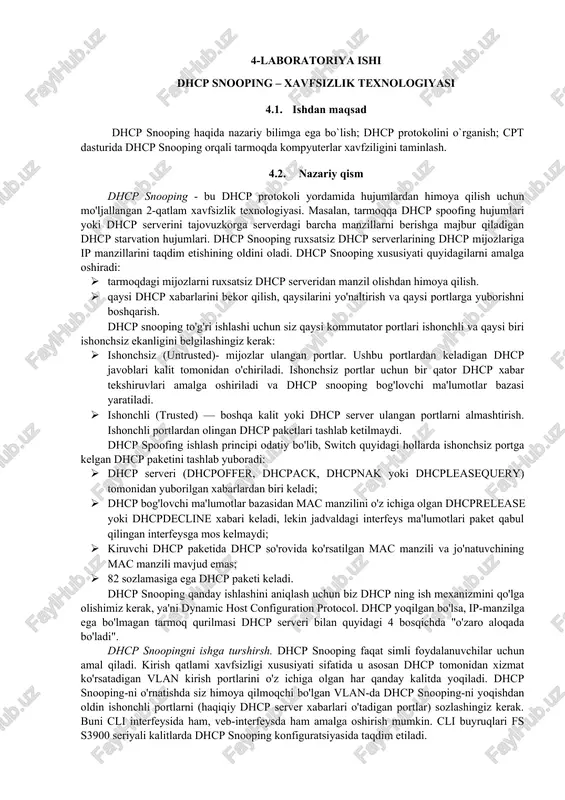 dhcp snooping – xavfsizlik texnologiyasi — DOCX