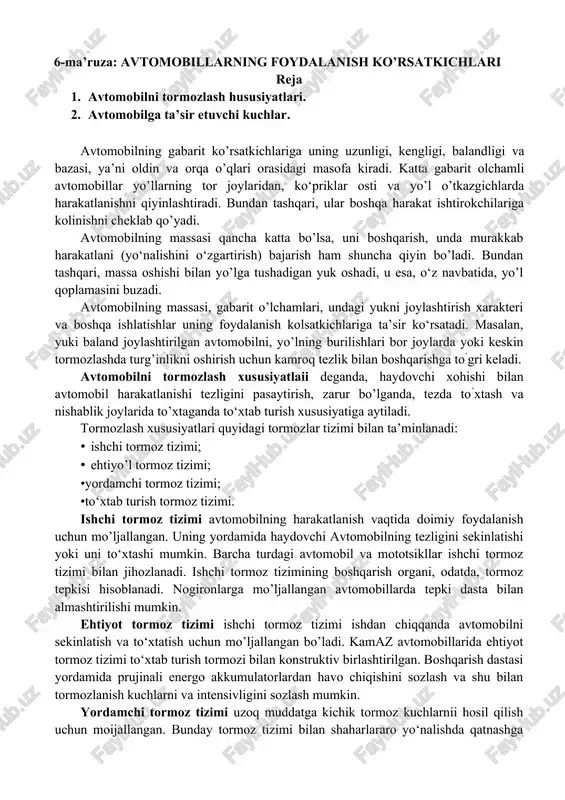 avtomobillarning foydalanish ko’rsatkichlari — DOCX