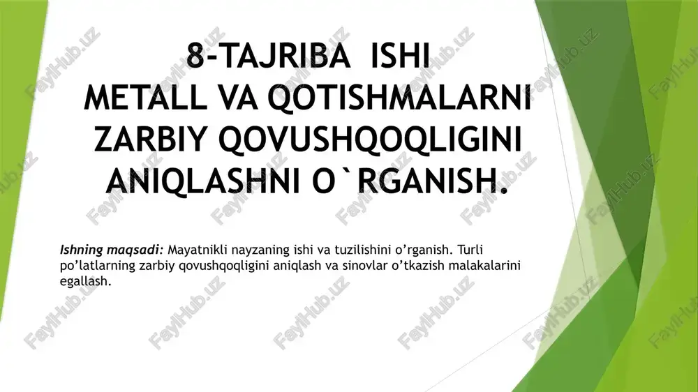 metall va qotishmalarni zarbiy qovushqoqligini aniqlash — PPTX