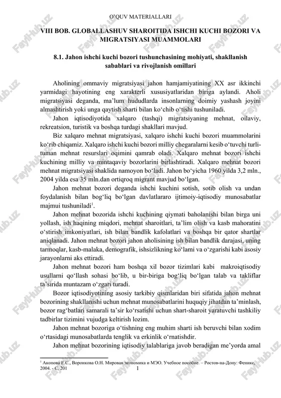jahon ishchi kuchi bozori va migratsiyasi muammolari — DOCX