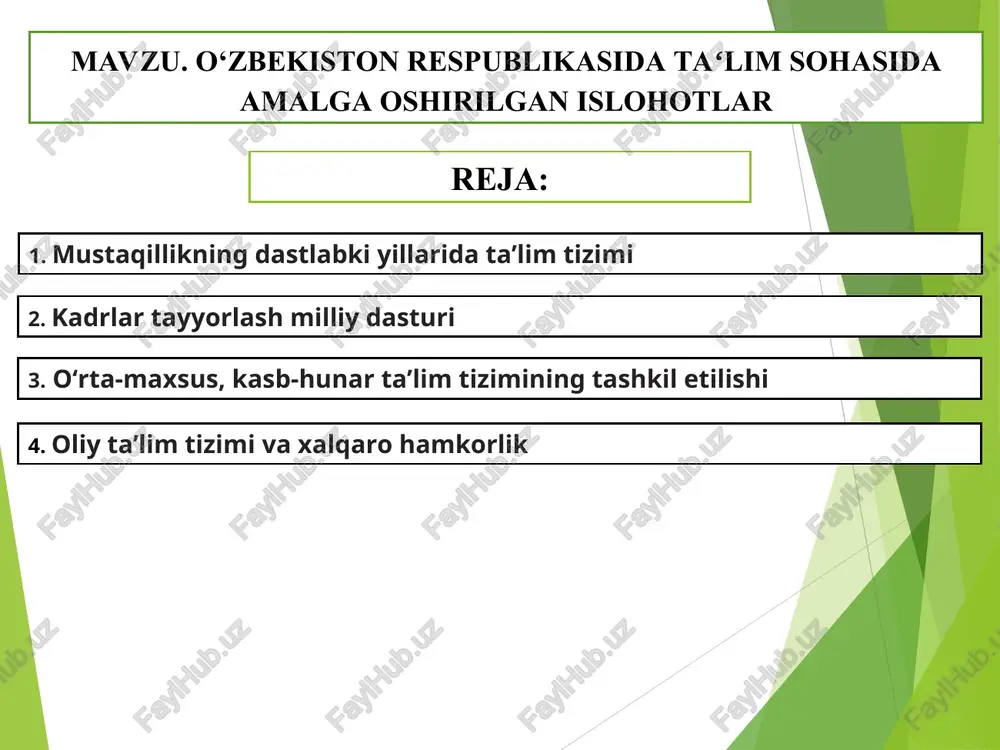 o‘zbekiston respublikasidataʻlim sohasida amalga oshirilgan islohotlar — PPT