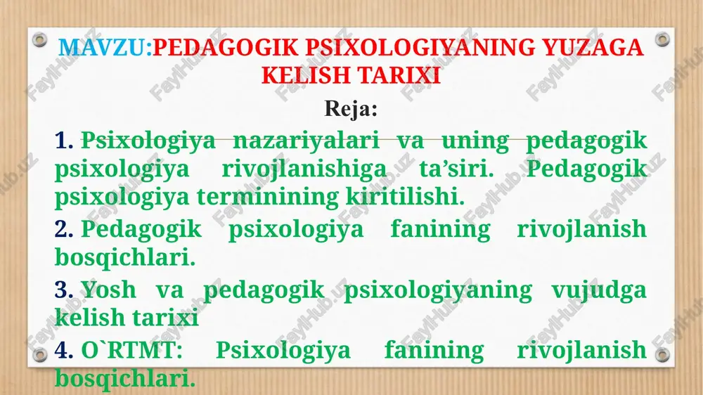 psixologik psixologiyani yuzaga kelish tarixi — PPTX