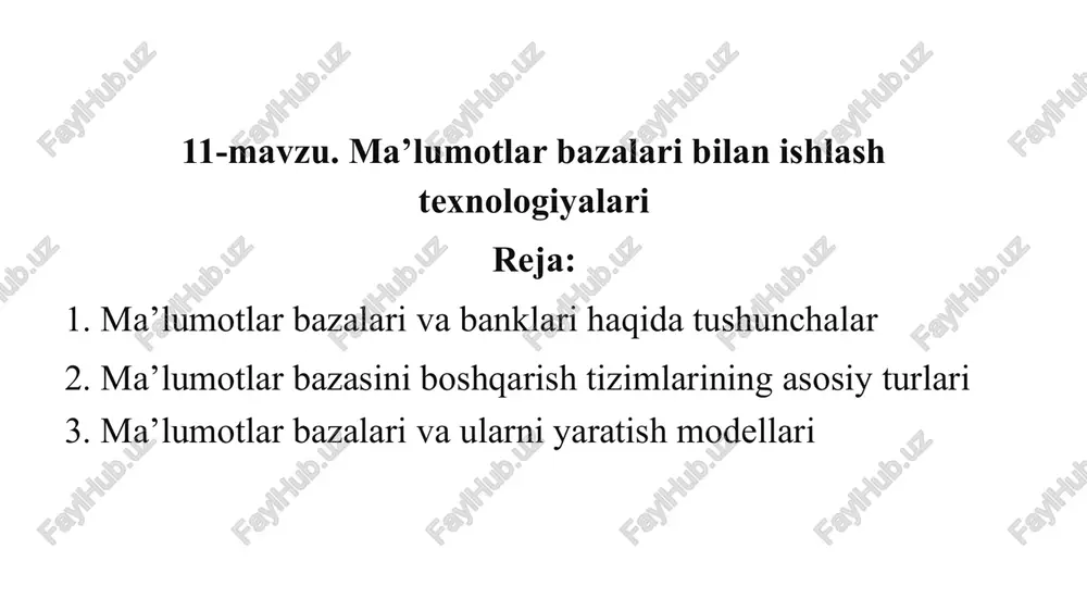 ma'lumotlar bazalari bilan ishlash texnologiyalari — PPTX