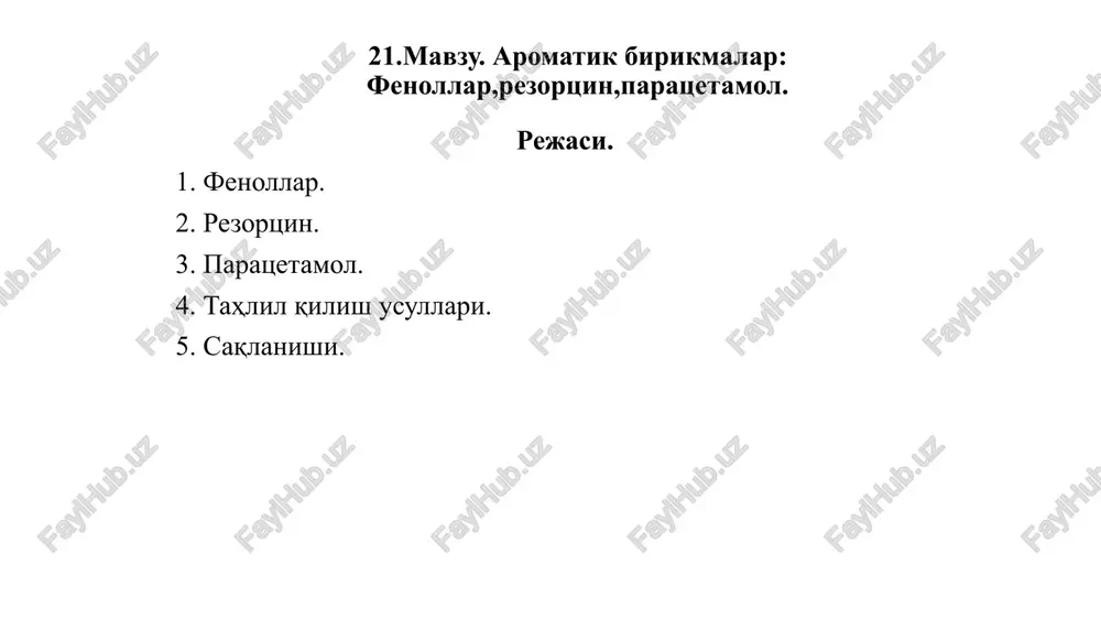 aromatik birikmalar:fenollar,rezortsin,paratsetamol. — PPTX