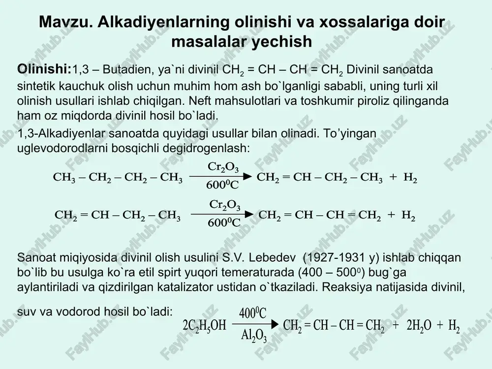 1,3-alkadiyenlarning olinishi va xossalariga doir masalalar yechish — PPT