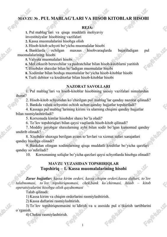 pul mablag’lari va hisob kitoblar hisobi — DOCX