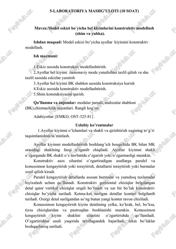 model eskizi bo`yicha bel kiyimlarini konstruktiv modellash — DOCX