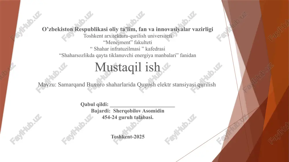 samarqand buxoro shaharlarida quyosh elektr stansiyasi qurilish — PPTX