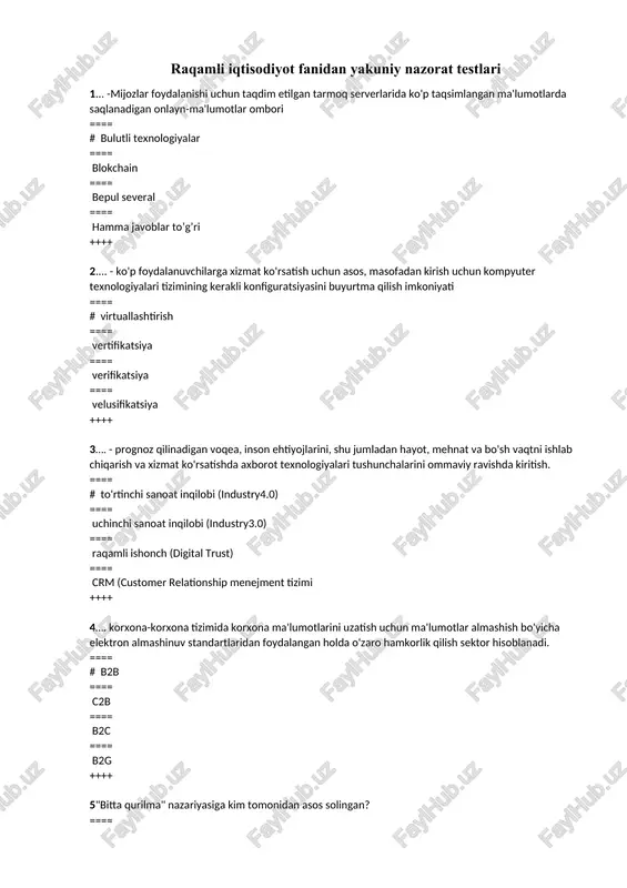 raqamli iqtisodiyot fanidan yakuniy nazorat testlari — DOCX