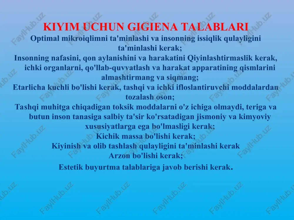 kiyim uchun gigiena talablari — PPT