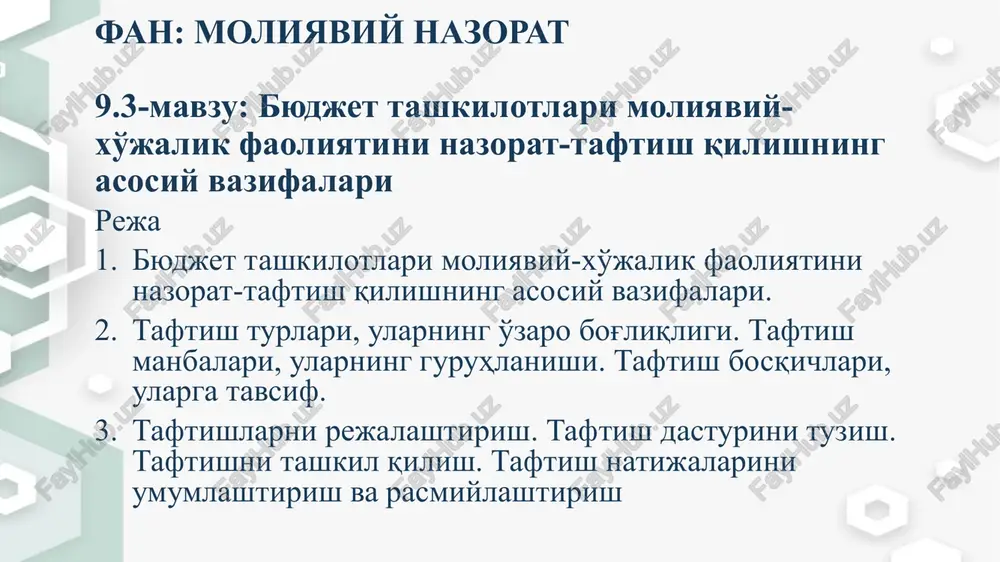 byudjettashkilotlar ixtisosligi faoliyatining nazorat-taftish — PPTX