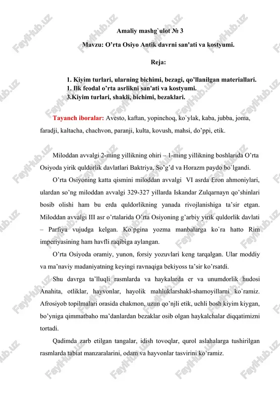 o’rta osiyo antik davrni san'ati va kostyumi — DOC