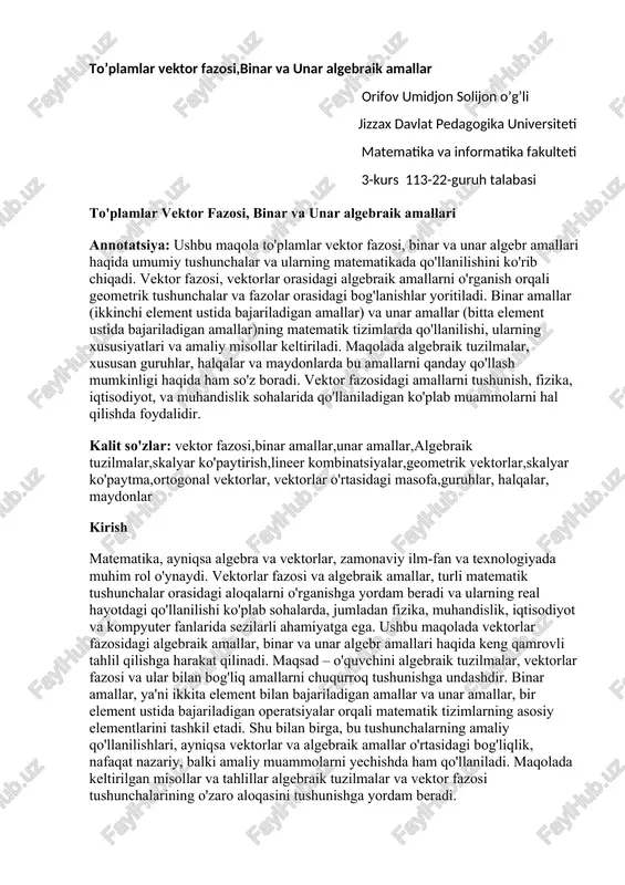 to'plamlar vektor fazosi, binar va unar algebraik amallari — DOCX