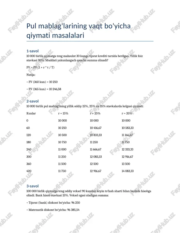 pul mablag'larining vaqt bo'yicha qiymati masalalari — DOCX