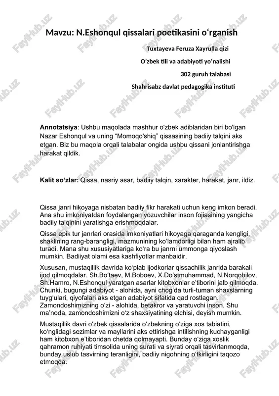 n.eshonqul qissalari poetikasini oʻrganish — DOCX