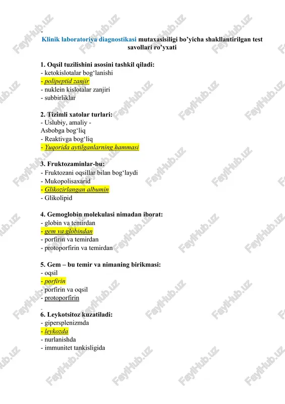 klinik laboratoriya diagnostikasi mutaxasisiligi bo’yicha shakllantirilgan test savollari ro’yxati — DOCX