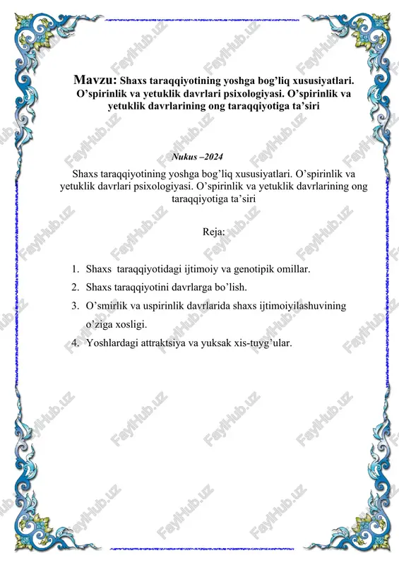 shaxs taraqqiyotining yoshga bog’liq xususiyatlari — DOCX
