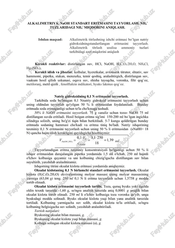 naoh standart eritmasini tayyorlash — DOCX